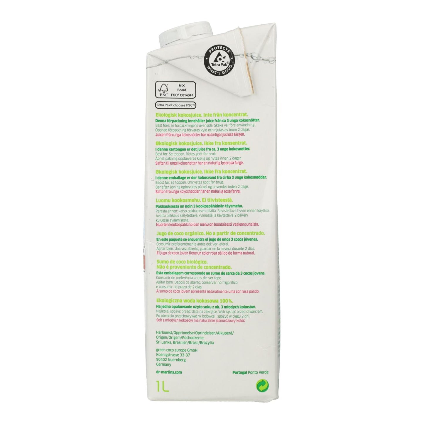 Confezione da 6 bottiglie di acqua di cocco naturale Dr. Martins 1 L