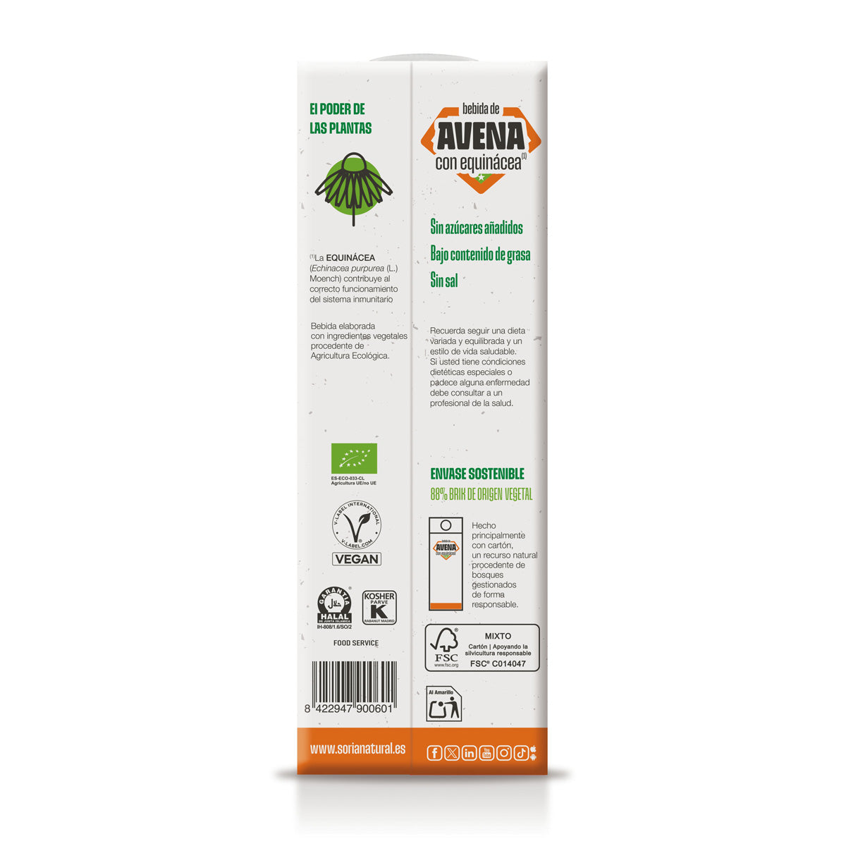 Bebida ecológica de avena con equinácea, Soria Natural, 1 L
