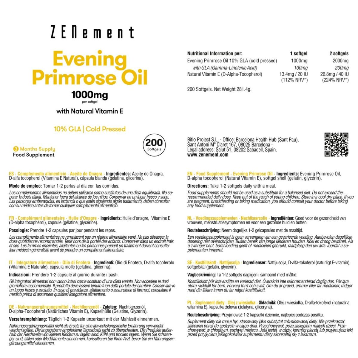 Evening Primrose Oil, 1000 mg per capsule, 10% GLA, cold pressed Zenement, 200 tablets