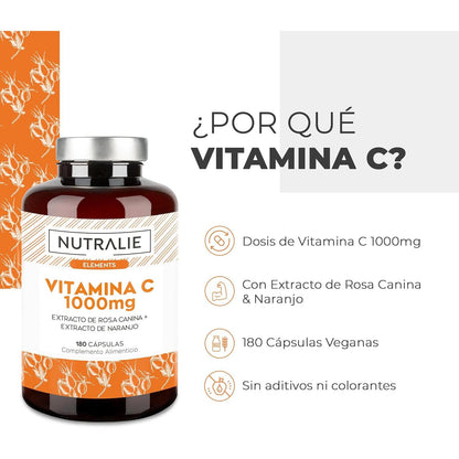 Nutralie Witamina C 1000 mg Rosa Canina + Witamina C Przeciwutleniacz 180 kapsułek