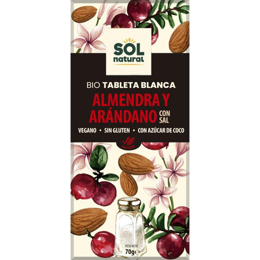 Tableta de Chocolate vegano blanco con almendra y arándano bio Sol Natural 70 gr