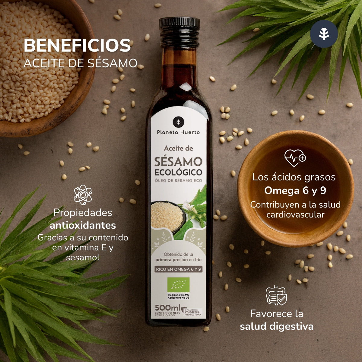 Pack of 3 ECO Planeta Huerto cold-pressed sesame oil 500 ml