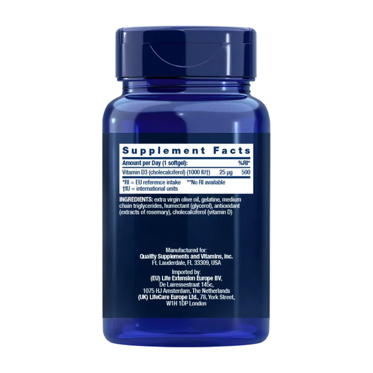 Witamina D3 1000 IU, Life Extension 250 kapsułek