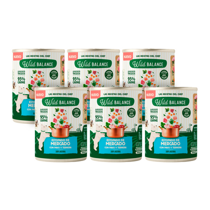Confezione da 6 stufati di mercato con tacchino e manzo per cani Wild Balance 400 g