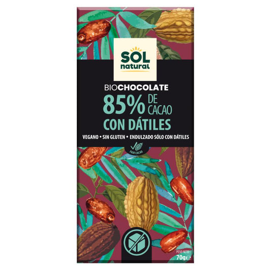 Tablette de chocolat végétalien 85 % cacao et dattes Bio Sol Natural 70 g