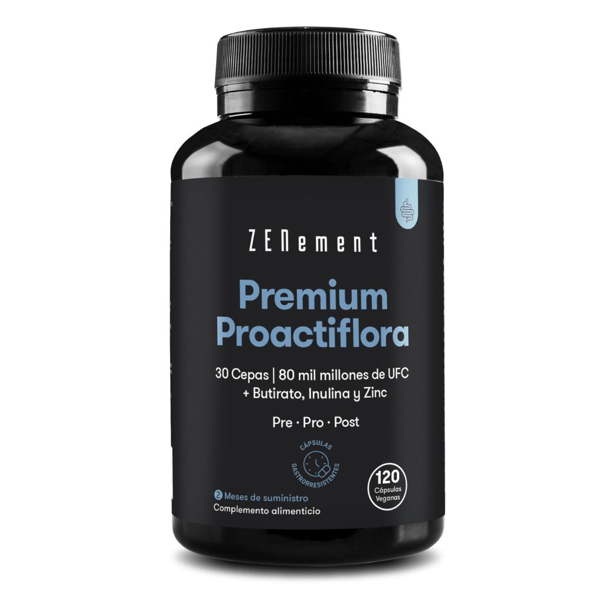Premium Proactiflora, 30 ceppi | 80 miliardi di UFC + butirrato, inulina e zinco Zenement, 120 compresse