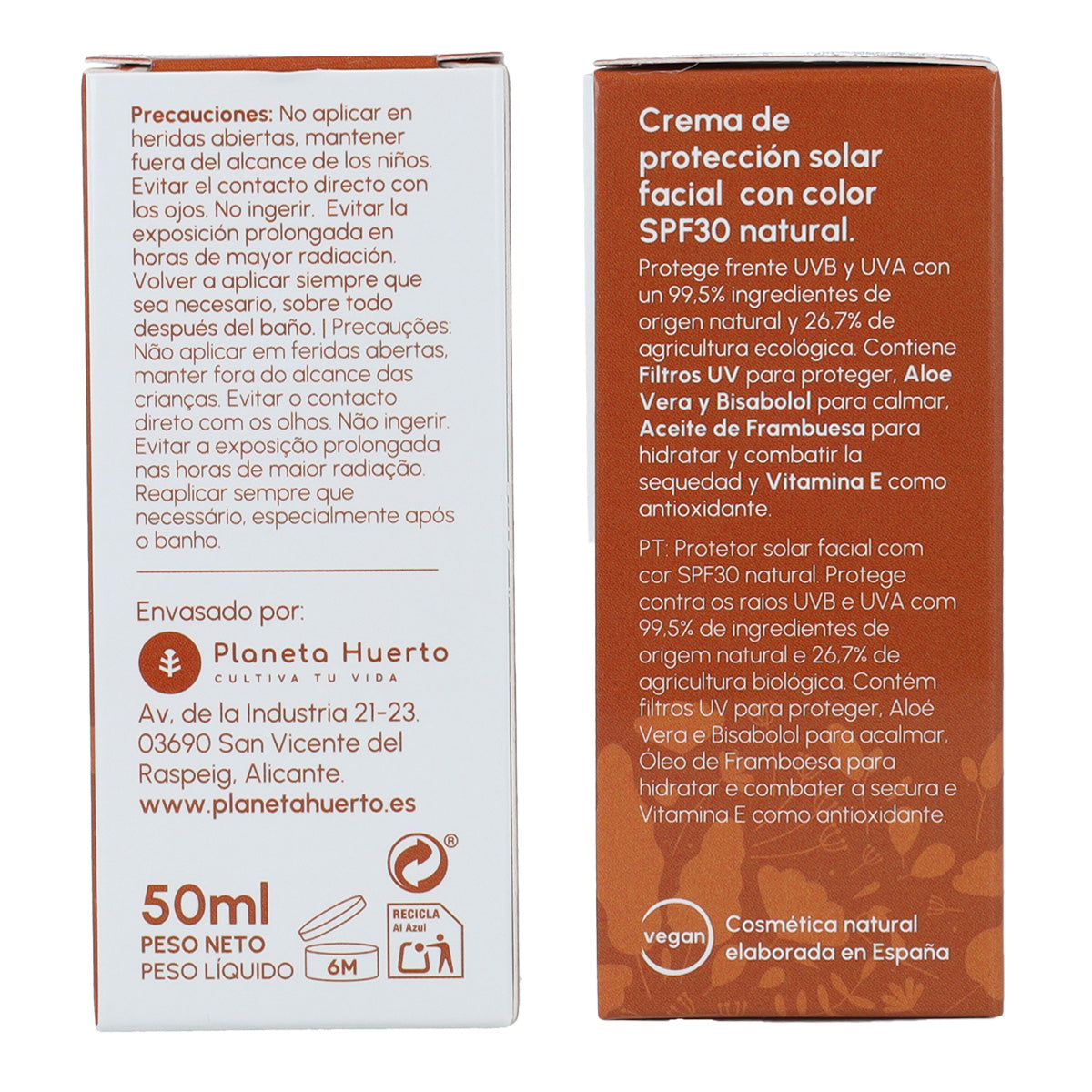 Ansiktskräm med solskydd och färg 100 % mineral SPF30 Planeta Huerto 50 ml