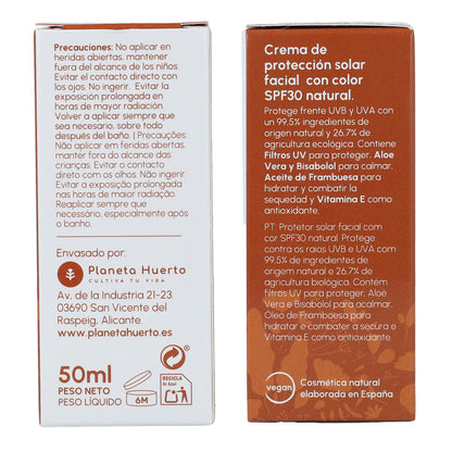 Ansiktskräm med solskydd och färg 100 % mineral SPF30 Planeta Huerto 50 ml