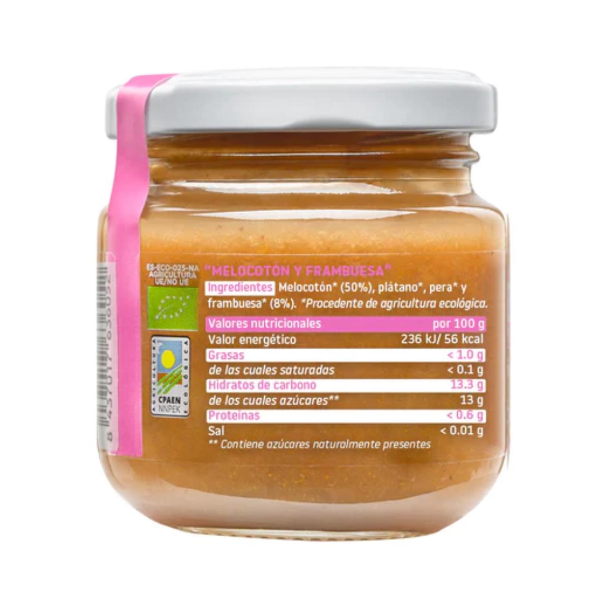 Vasetto di lamponi e pesche biologici Smileat, 130 g