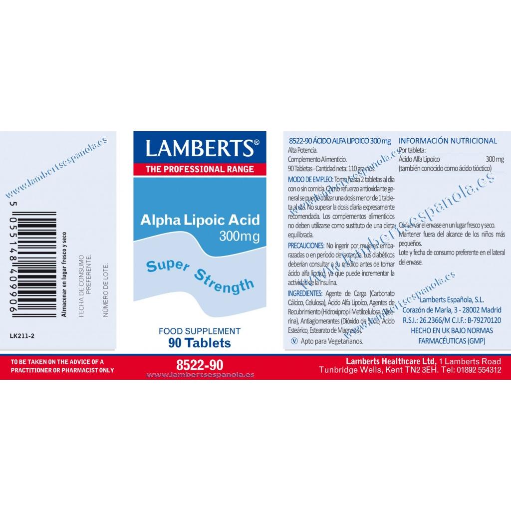 Confezione da 2 x Acido alfa lipoico 300 mg Lamberts, 90 compresse