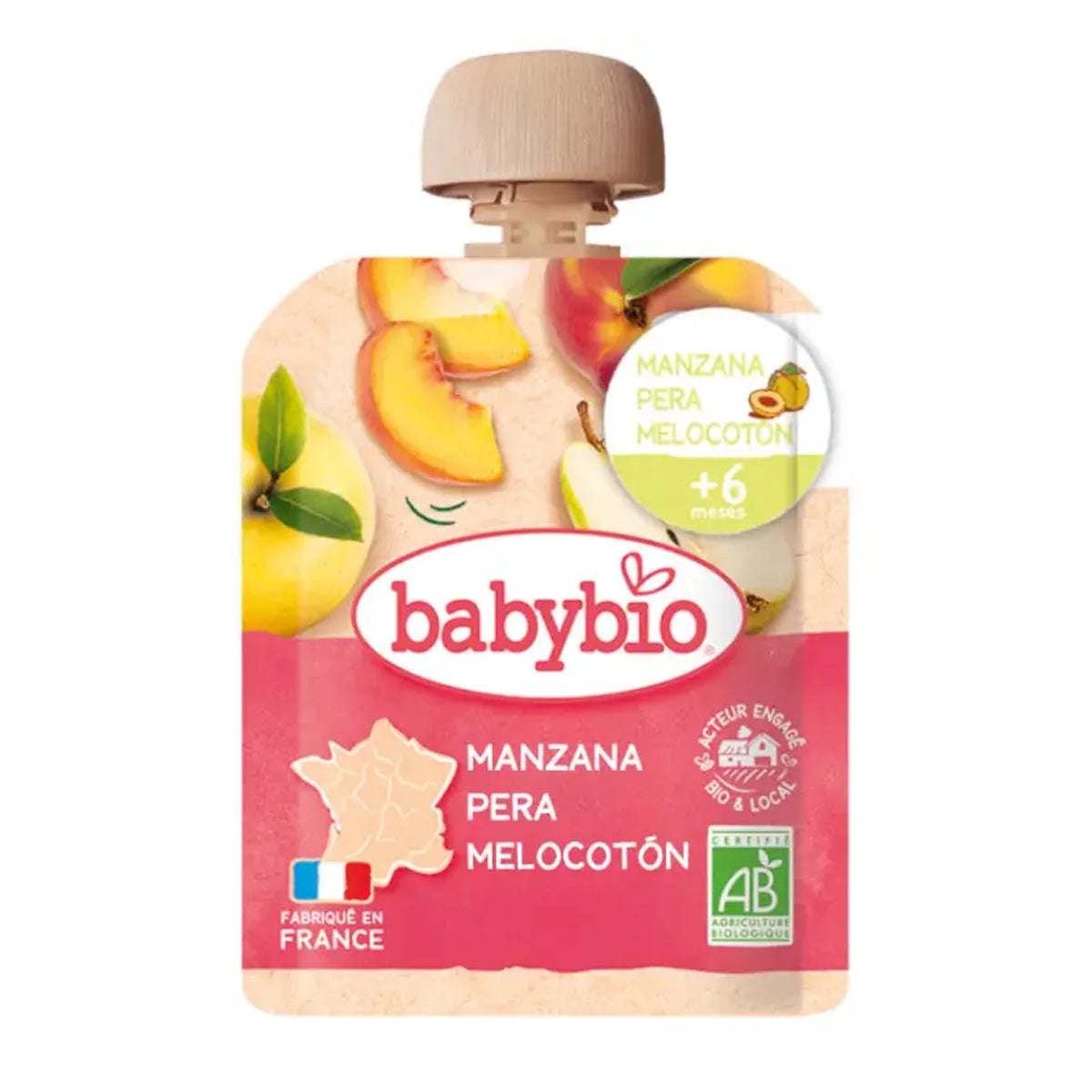 Pouch di mela, pera e pesca (a partire dai 6 mesi) BabyBio 90 g
