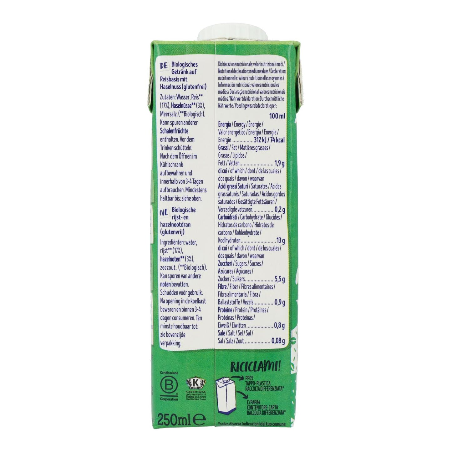 Biologische rijst- en hazelnootdrank Isola Bio 250 ml