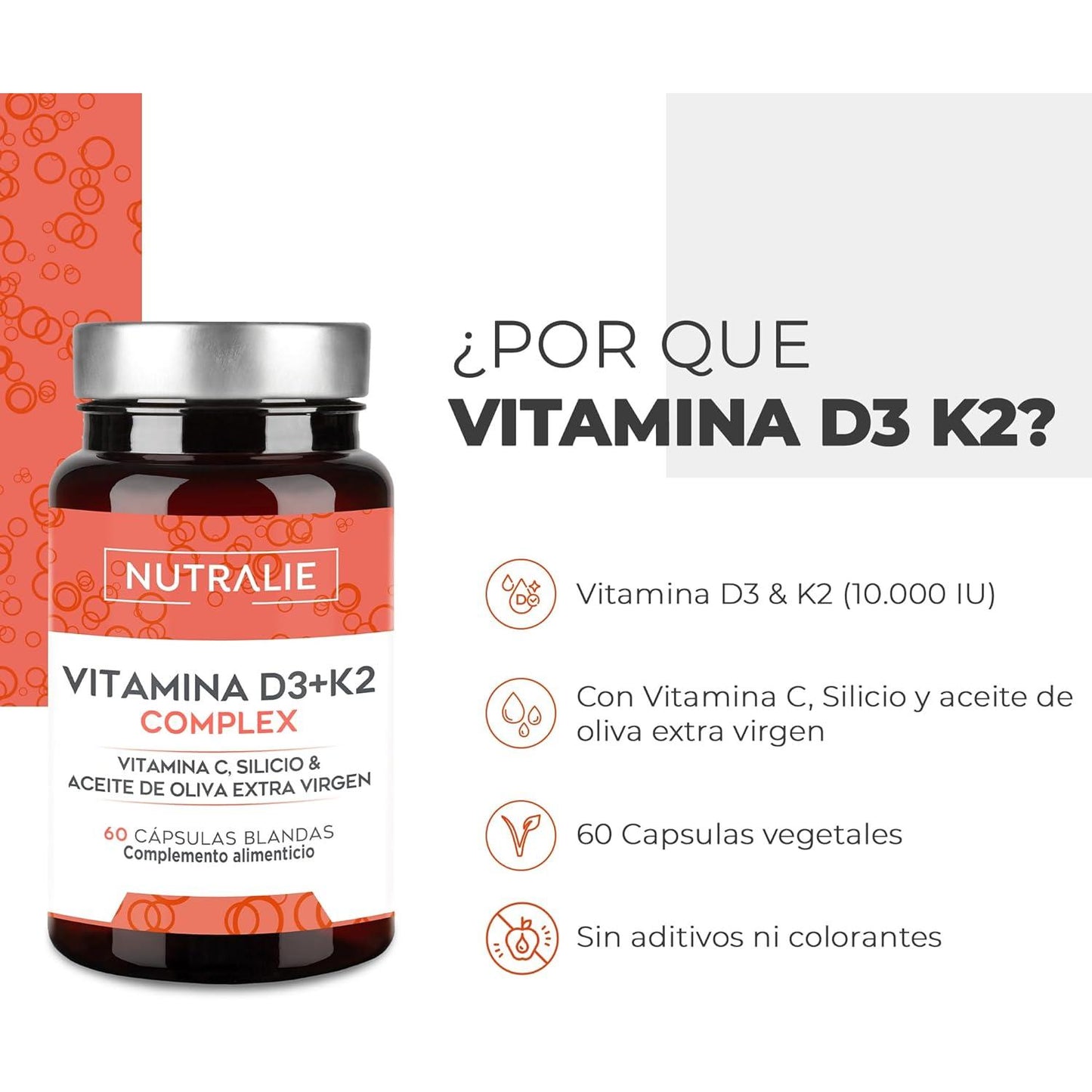 Nutralie Vitamine D3+K2 Complex 10000 UI + Vitamine C 60 gélules