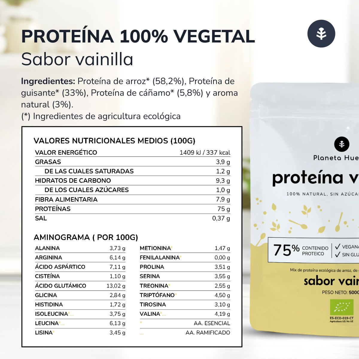 Plantaardig eiwit Eco 75% vanille Planeta Huerto 500 g