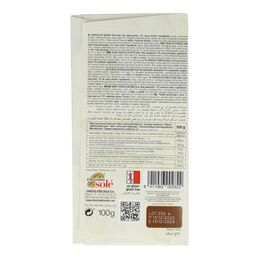 Tableta de chocolate 72% Stevia Açai Bitter 100g Solé