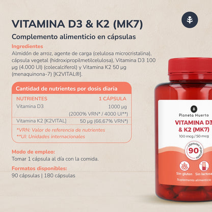 Pack 3xVitamin D3 & K2 Mk7 Planeta Huerto 180 Capsules