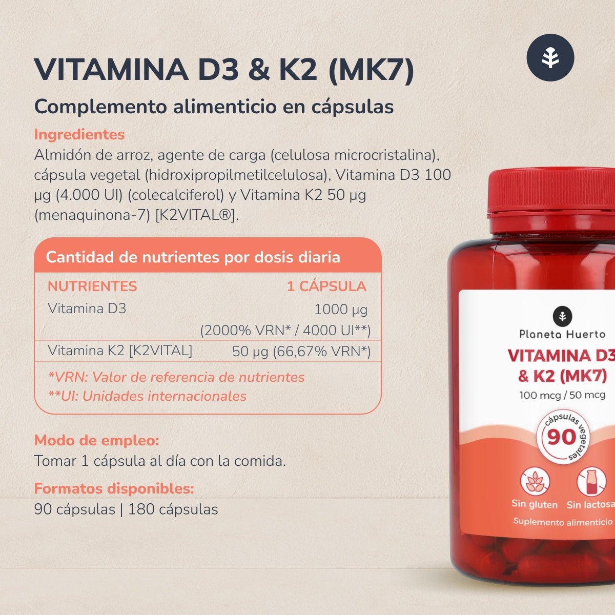 Förpackning 2xVitamin D3 & K2 Mk7 Planeta Huerto 180 kapslar