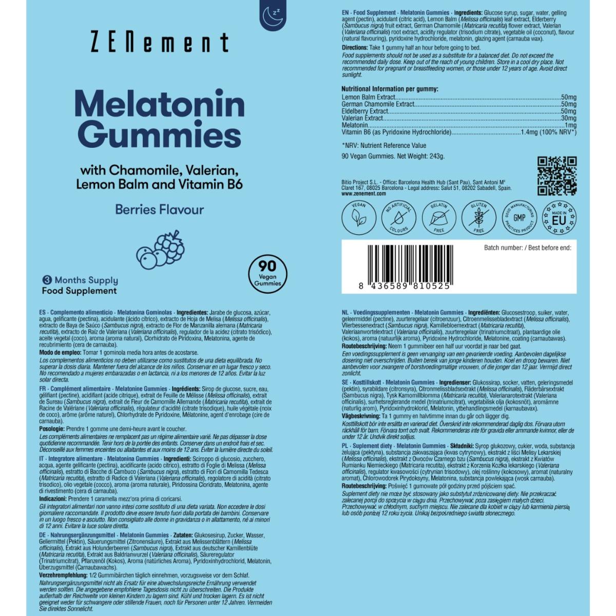 Melatonin-Gummibärchen mit Kamille, Baldrian, Melisse und Vitamin B6 Zenement, 90 Gummibärchen