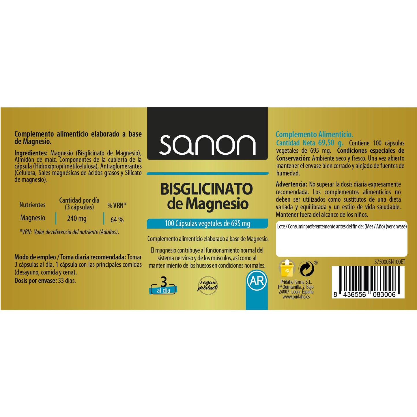 Bisglicinato di magnesio SANON 100 capsule vegetali 550 mg