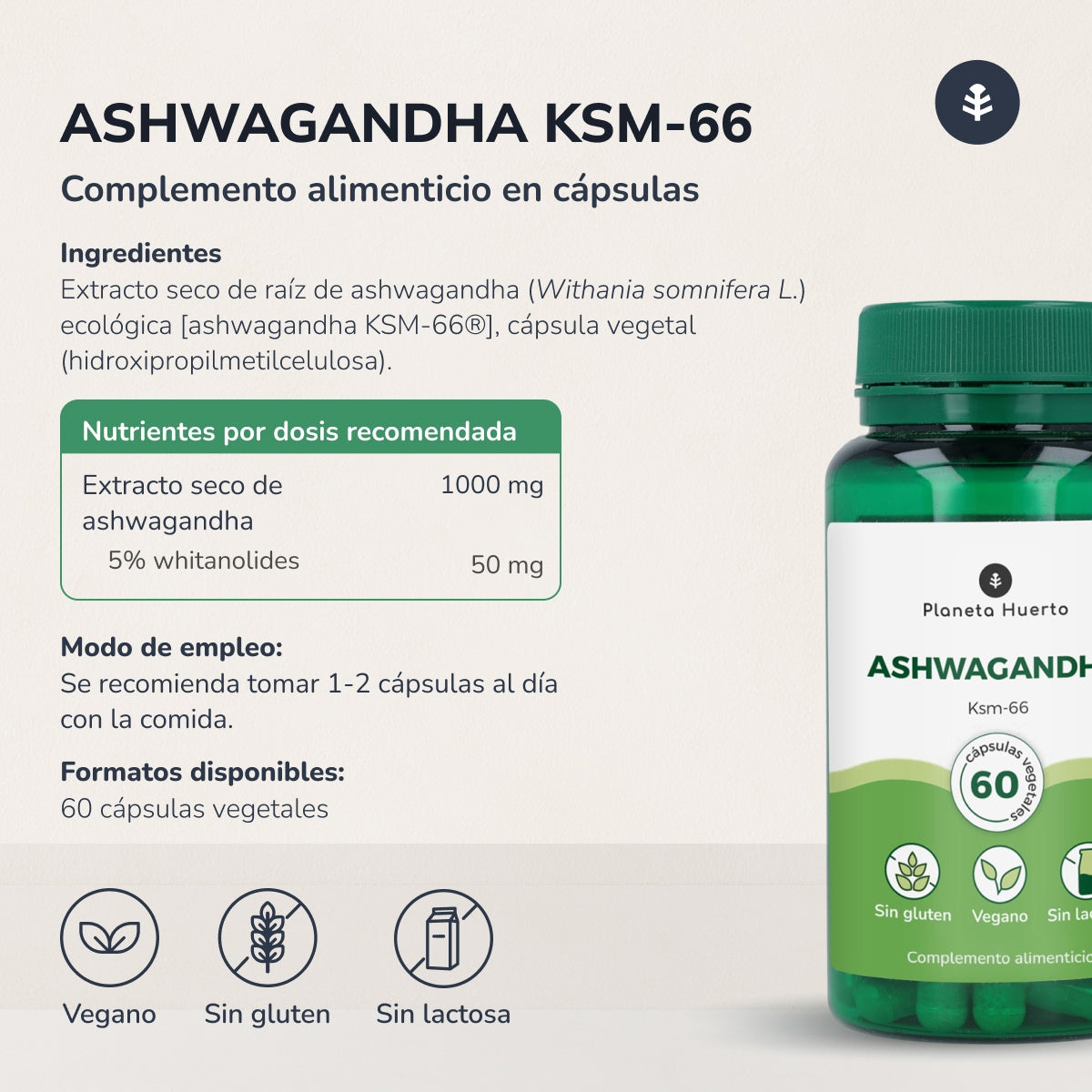 Opakowanie 2x Ashwagandha KSM-66 Planeta Huerto 60 kapsułek