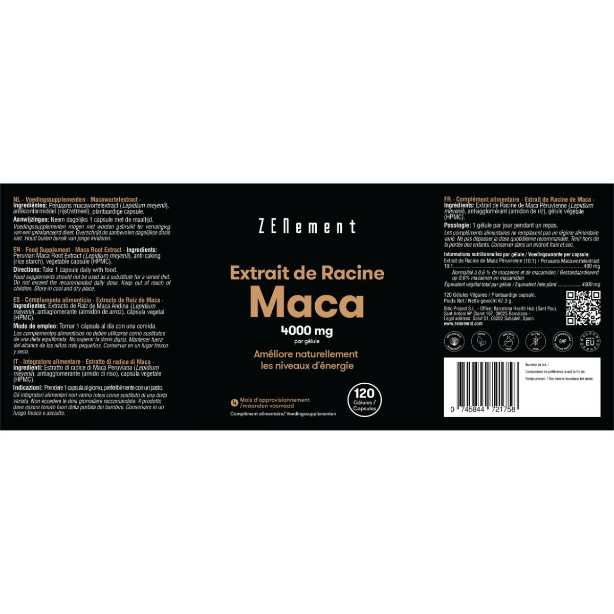 Maca-Wurzelextrakt 4000 mg, hochkonzentriert 10:1 Zenement, 120 Tabletten