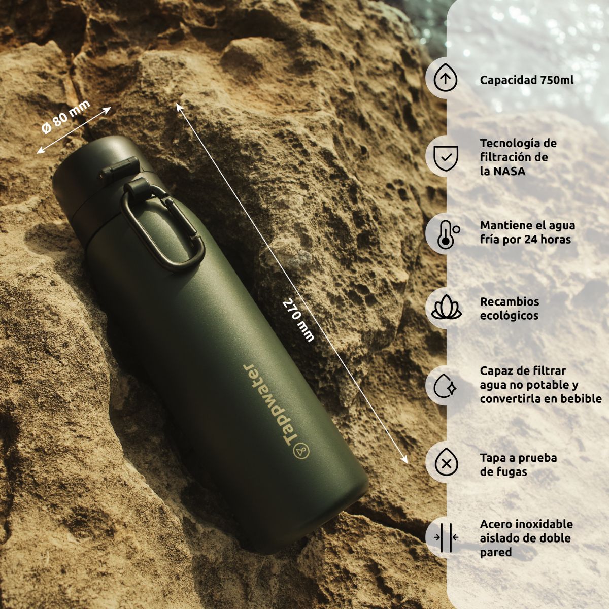 Bouteille avec filtre purificateur BottlePro Adventure TappWater 740 ml