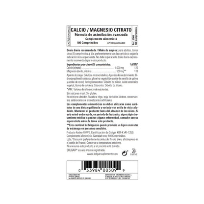 Citrate de calcium et de magnésium Solgar 100 comprimés