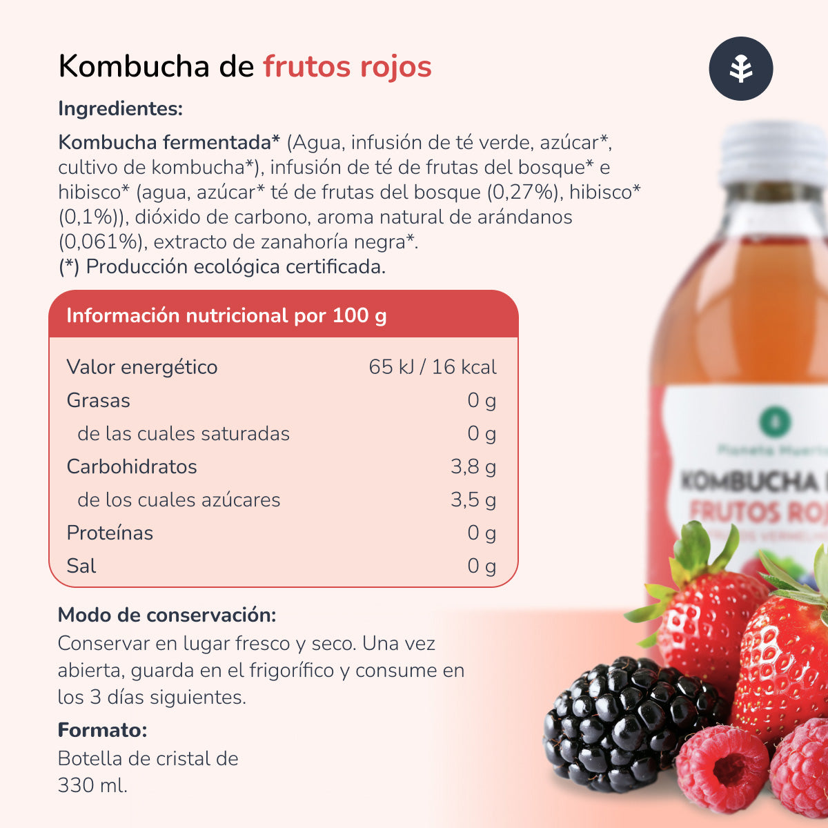 Opakowanie 6x Kombucha ECO Frutos rojos Planeta Huerto 330 ml