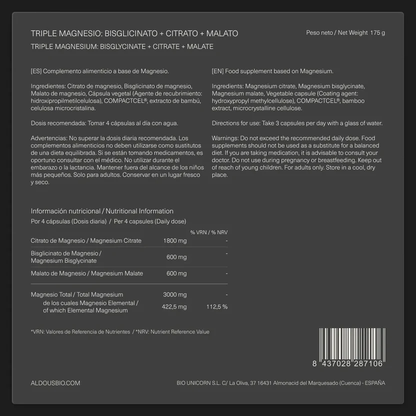 Magnésium Complex Triple 3000 mg de magnésium, bisglycinate de magnésium, citrate et malate Aldous Bio 200 gélules