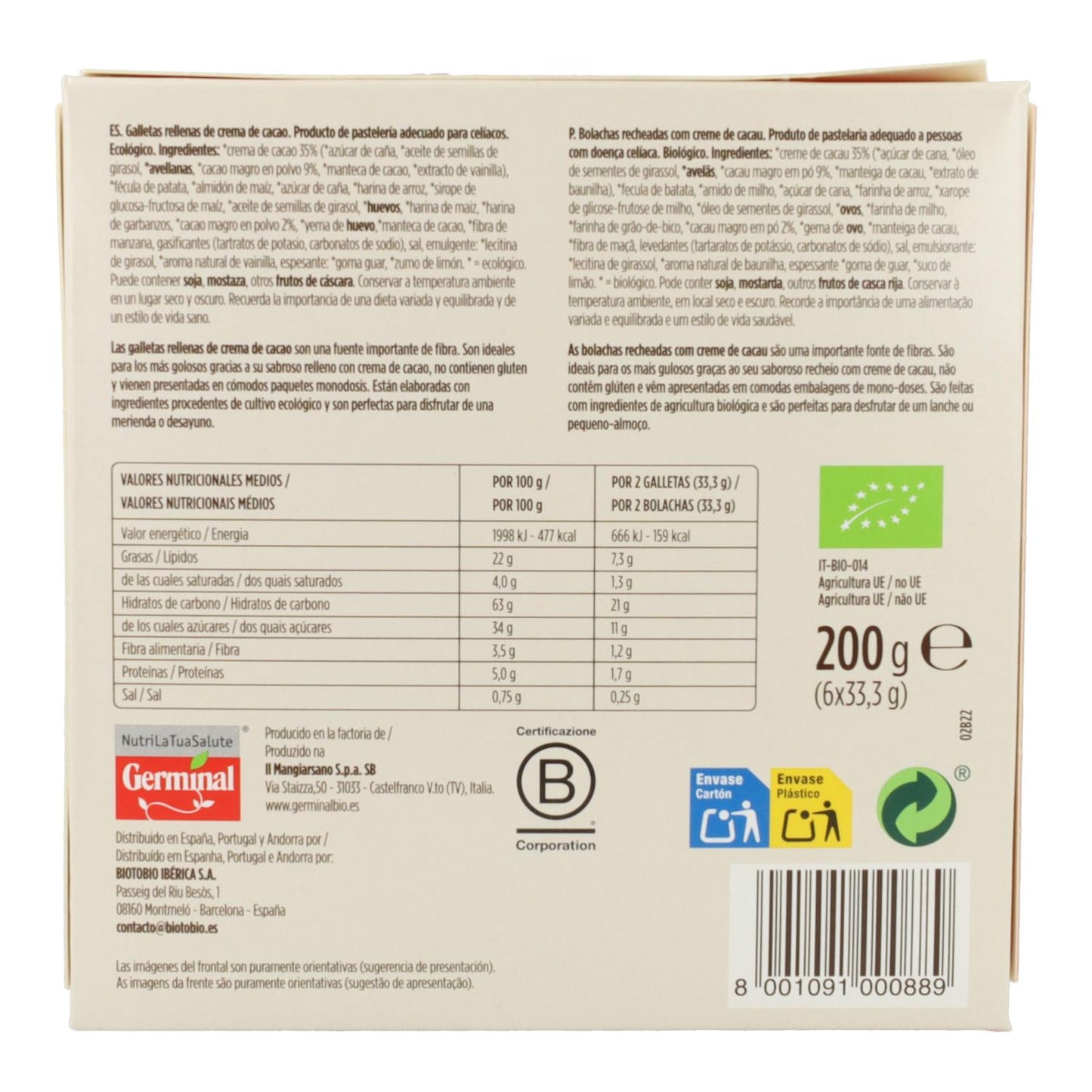 Glutenvrije koekjes gevuld met cacaocrème Germinal Bio, 200 g