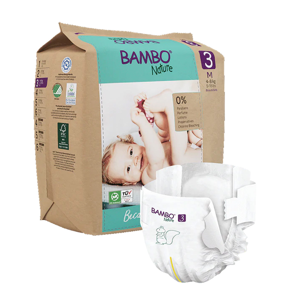 Förpackning med Bambo Nature-blöjor storlek 3 (4–8 kg), 3 x 28 stycken