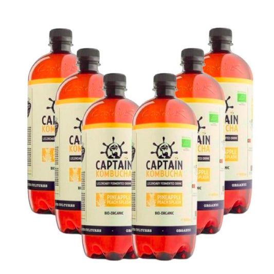 Pakket van 6 liter biologische kombuchadrank met ananas en perzik van Captain Kombucha