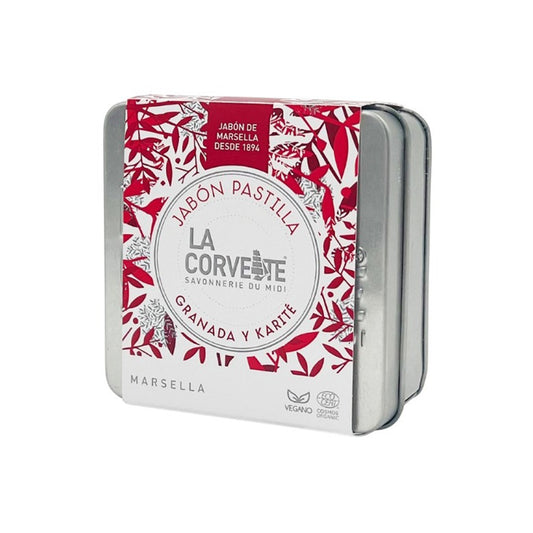 Metalen geschenkdoos met granaatappel- en karitézeep La Corvette
