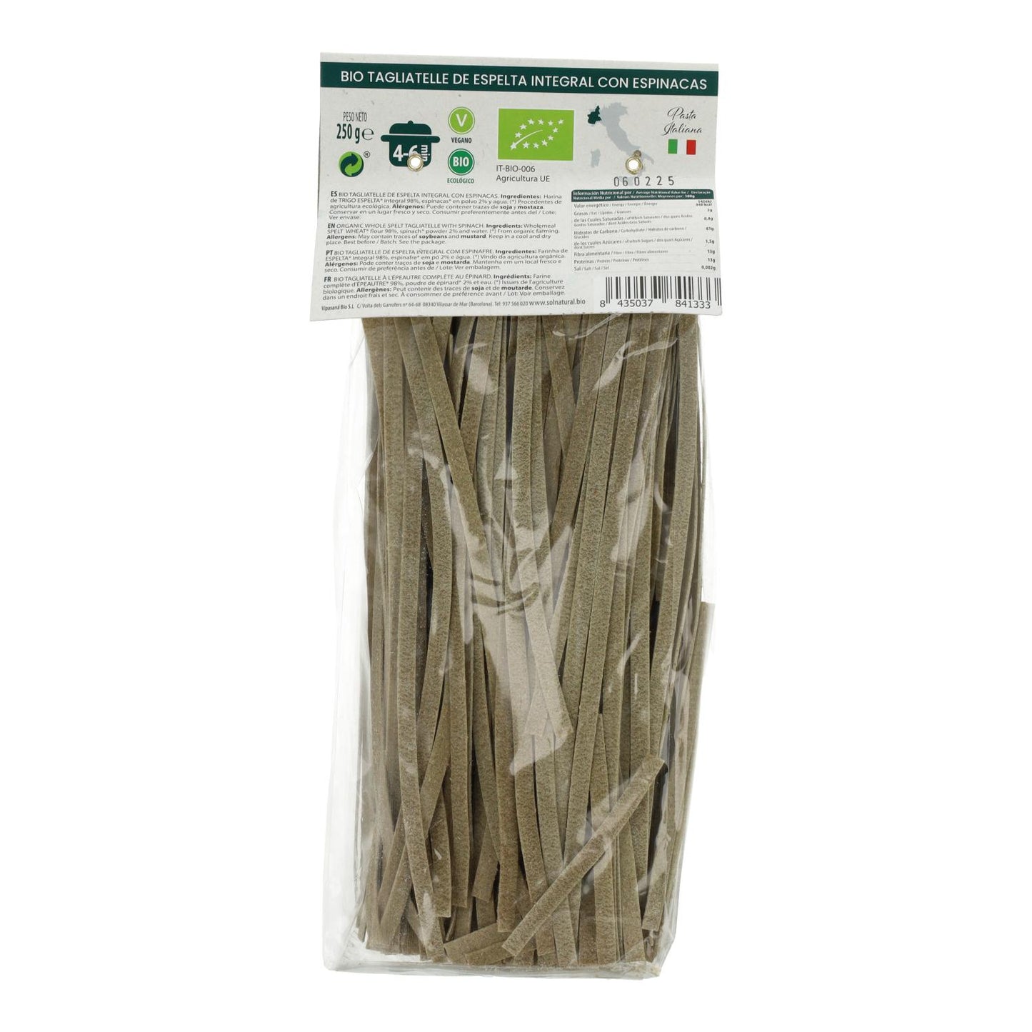 Tagliatelle de Espelta Integral con Espinacas BIO Sol Natural 250g