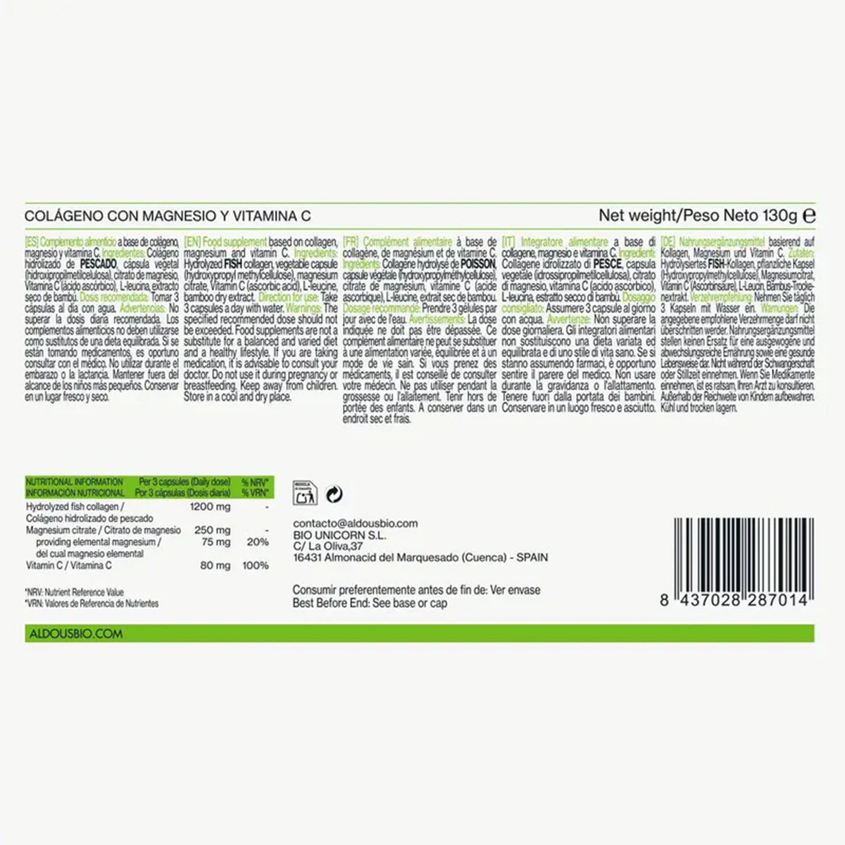 Collagene idrolizzato puro con magnesio e vitamina C Aldous 200 capsule