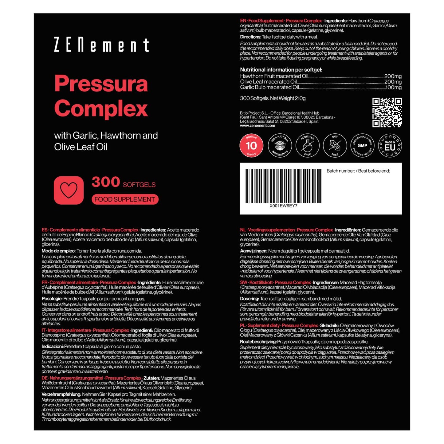 Pressura Complex, med vitlöksolja, hagtorn och olivblad Zenement,  300 tabletter