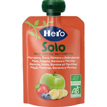 100% Eco Fruit Pouches in Apple, Strawberry, Banana and Blueberry flavours, 4x100 g - Hero Solo