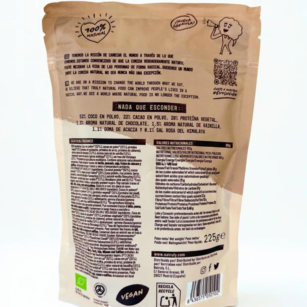 Biologische oplosbare cacao met hoog eiwitgehalte Natruly 225 g