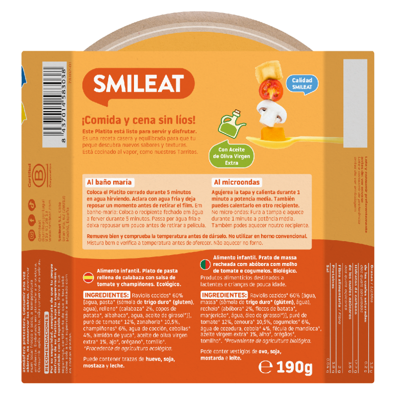 Tellerchen Kürbisravioli mit Tomatensauce ECO (ab 15 Monaten) Smileat 190 g