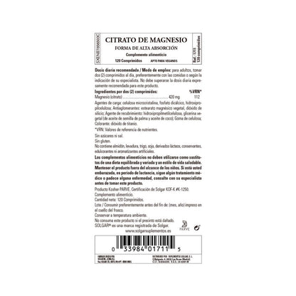 Citrate de magnésium 120 comprimés - Solgar