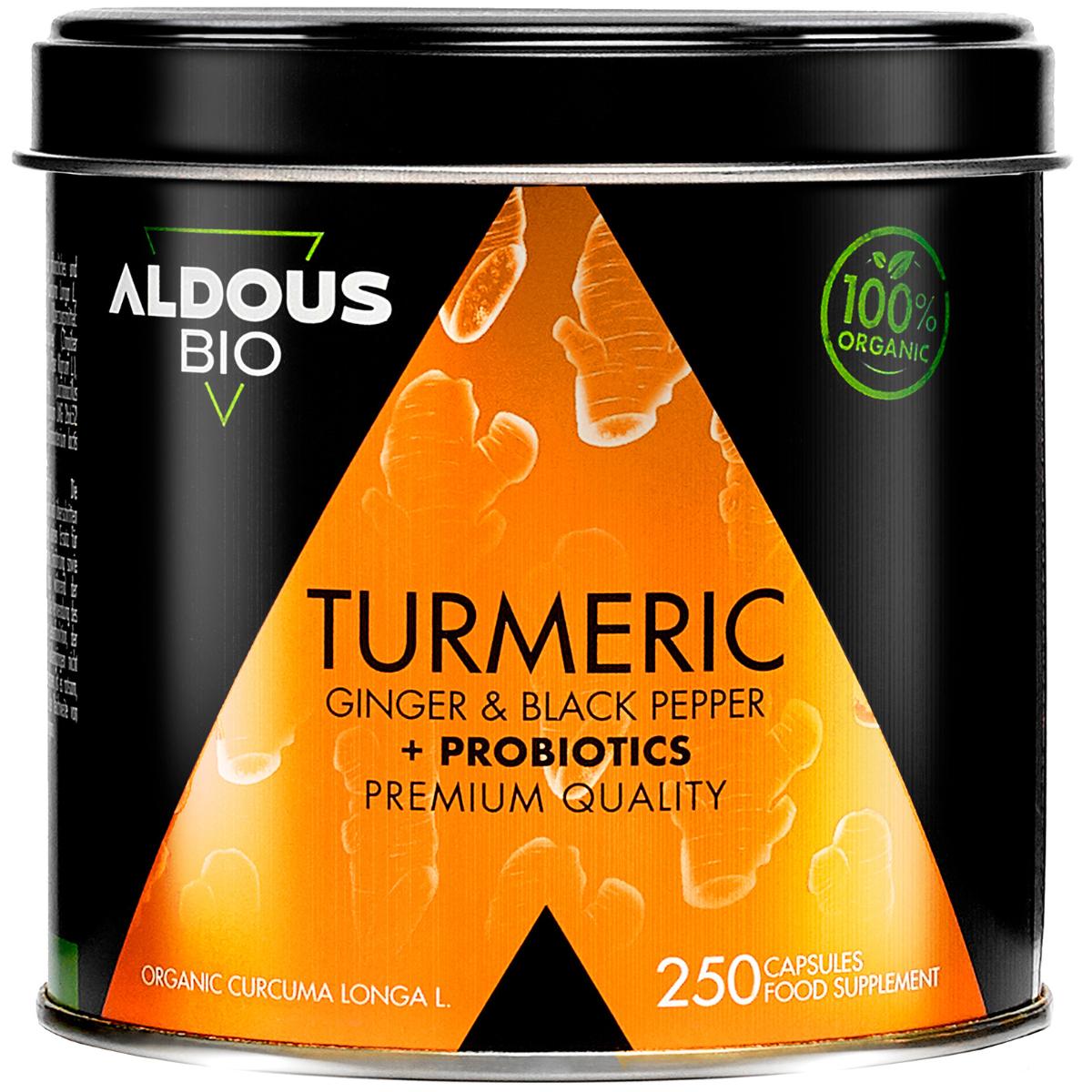 Organic Turmeric with Ginger, Black Pepper and Probiotics, 250 capsules. Aldous Bio