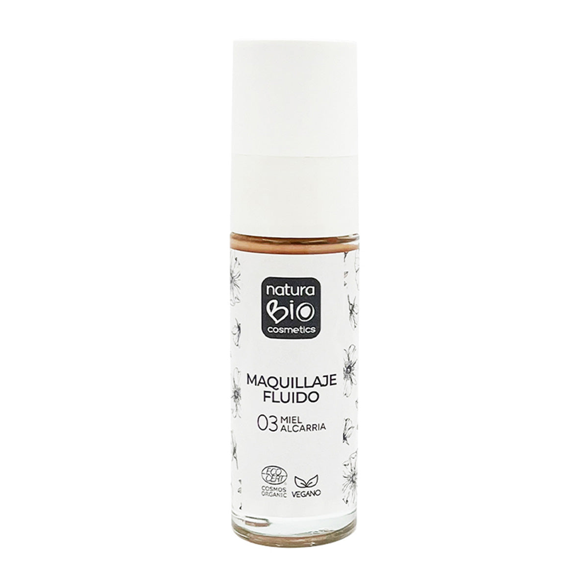 Płynny podkład 03 Miel Alcarria, nieskazitelne wykończenie, z dziką różą i masłem shea,  NaturaBio Cosmetics, 30 ml