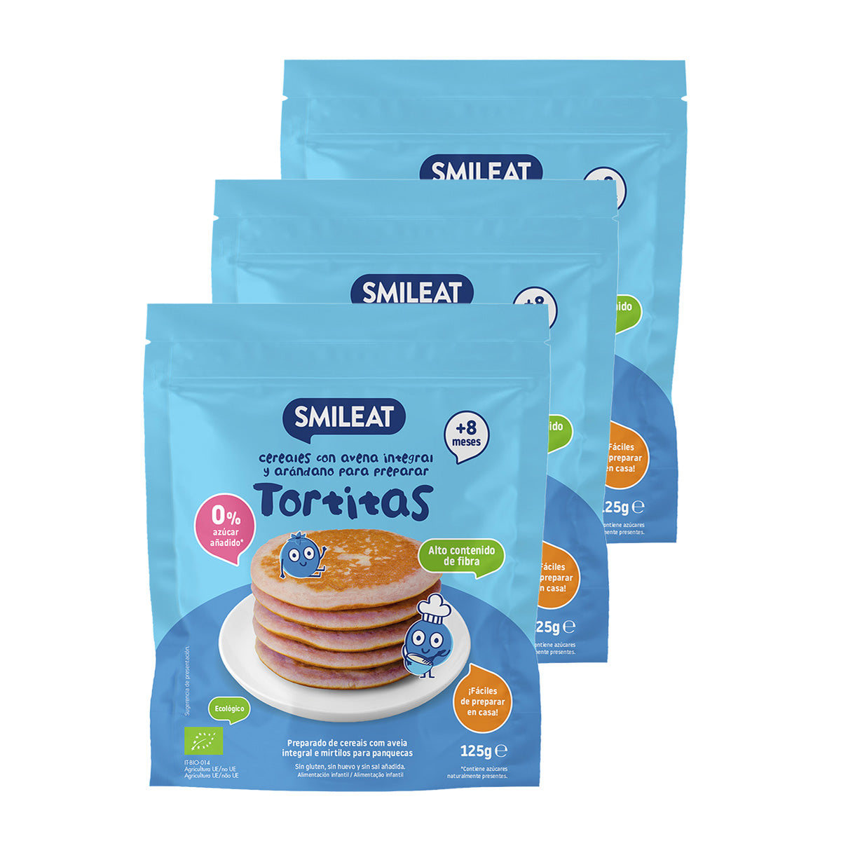 Pakket 3x Mix pannenkoeken volkoren haver en bosbessen ECO, Smileat, 125 g