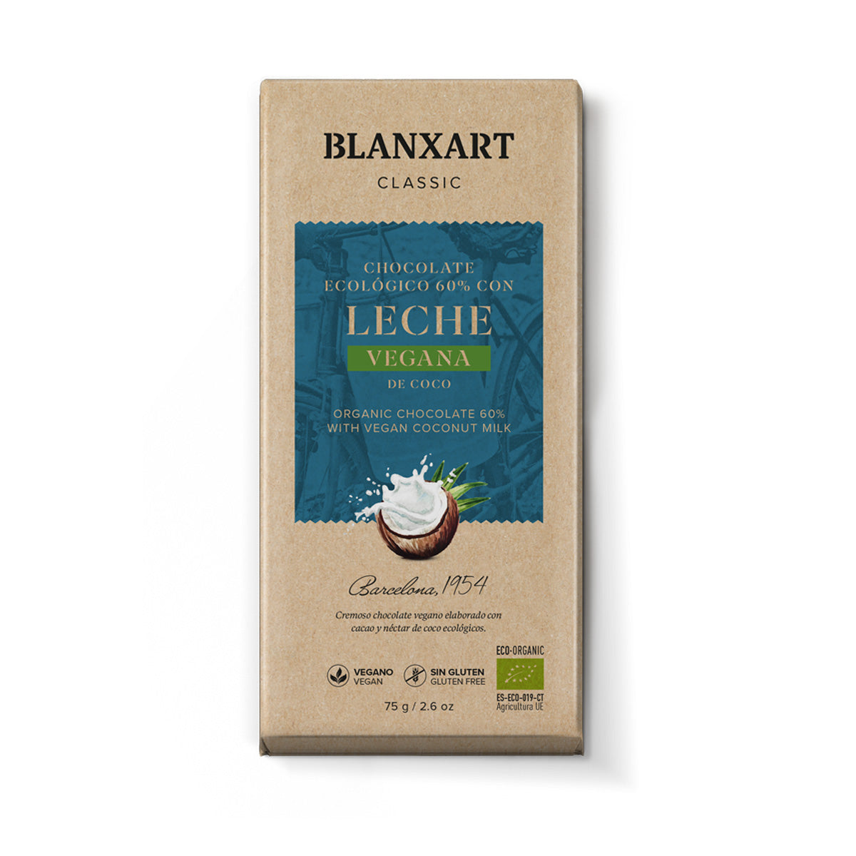 Chocolate 60% Cacao con Leche de Coco Eco Vegano Sin gluten Blanxart 75g