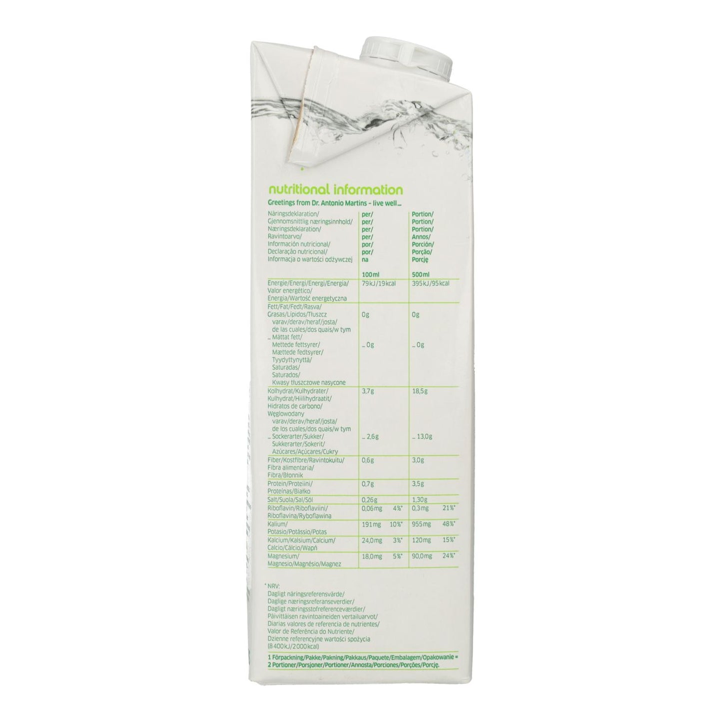 Confezione da 6 bottiglie di acqua di cocco naturale Dr. Martins 1 L