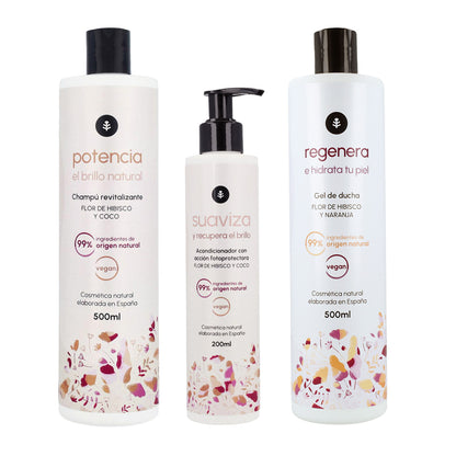 Packung Hibiskusblüte: Glanzverstärkendes Shampoo 500 ml + Duschgel 500 ml + Glanzwiederherstellender Conditioner 200 ml Planeta Huerto