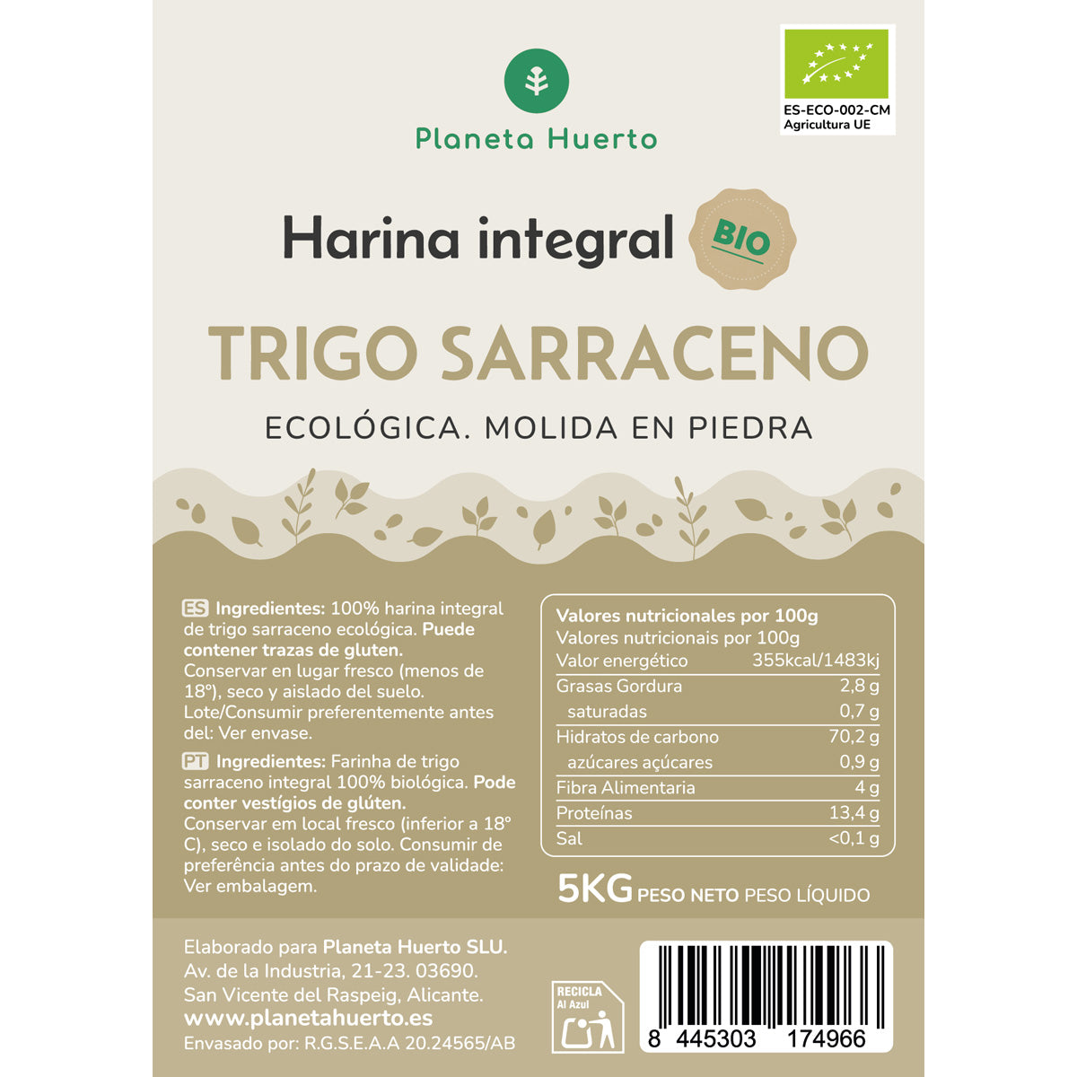 Farine complète de sarrasin Eco Planeta Huerto 5 Kg