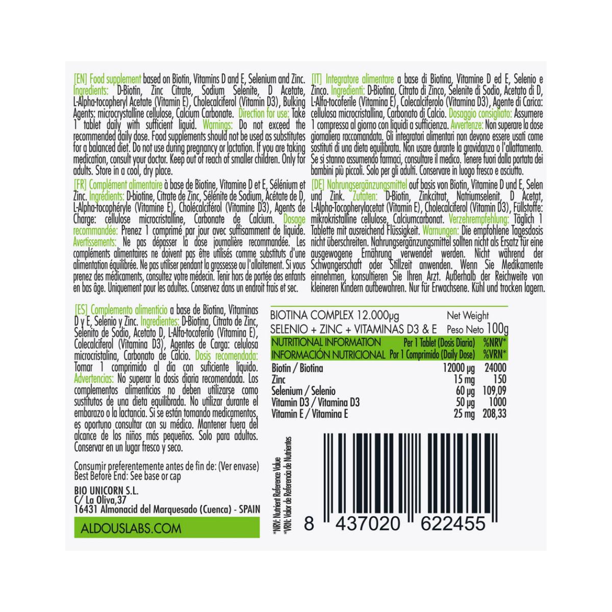 Biotina con zinco, selenio, vitamina D3 e vitamina E, 400 compresse Aldous Labs