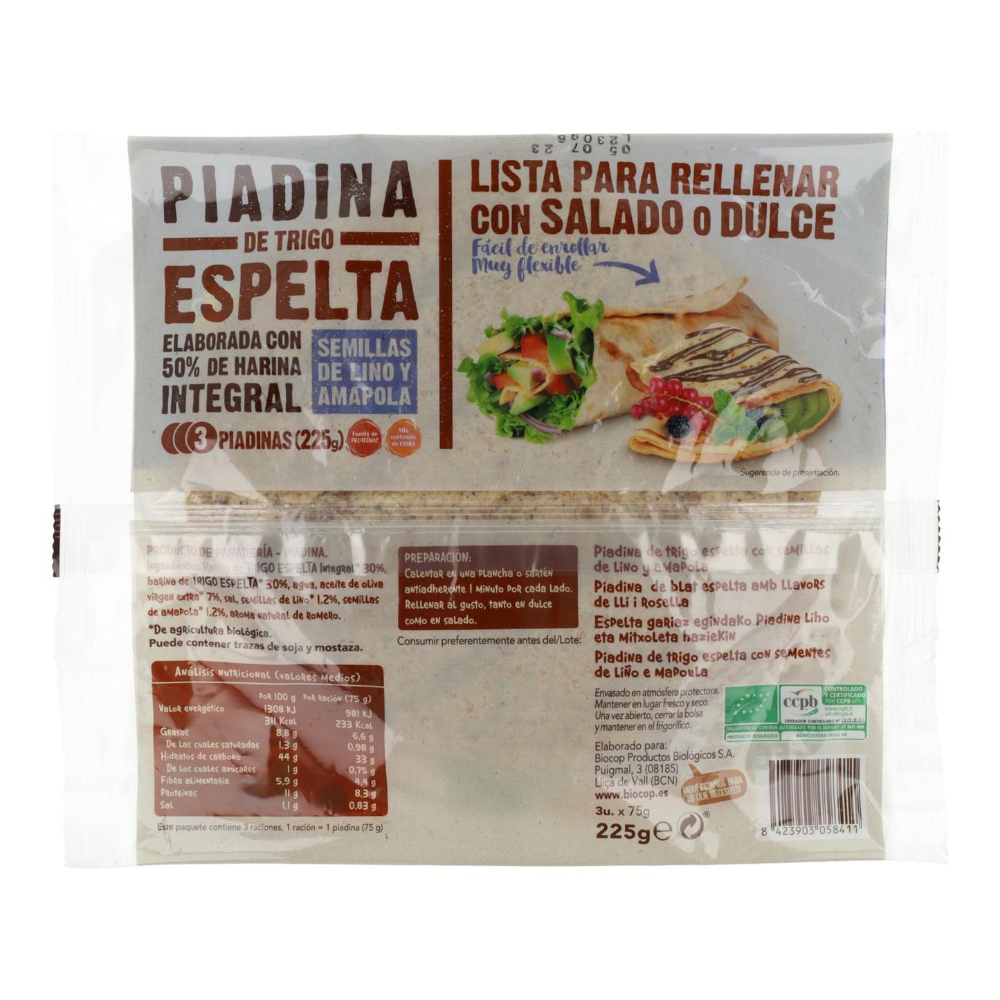 Piadina de blé complet à l'épeautre avec graines de lin et de pavot Biocop 225 g