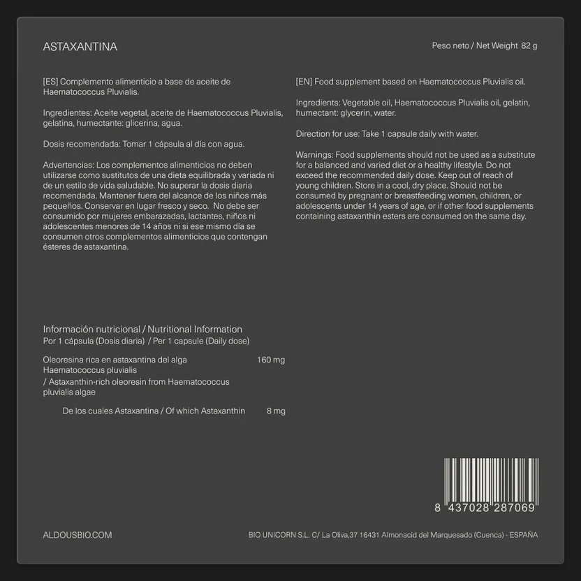 Astaxantina naturale pura 8 mg, 160 mg Olio ricco di astaxantina Aldous Bio 120 capsule